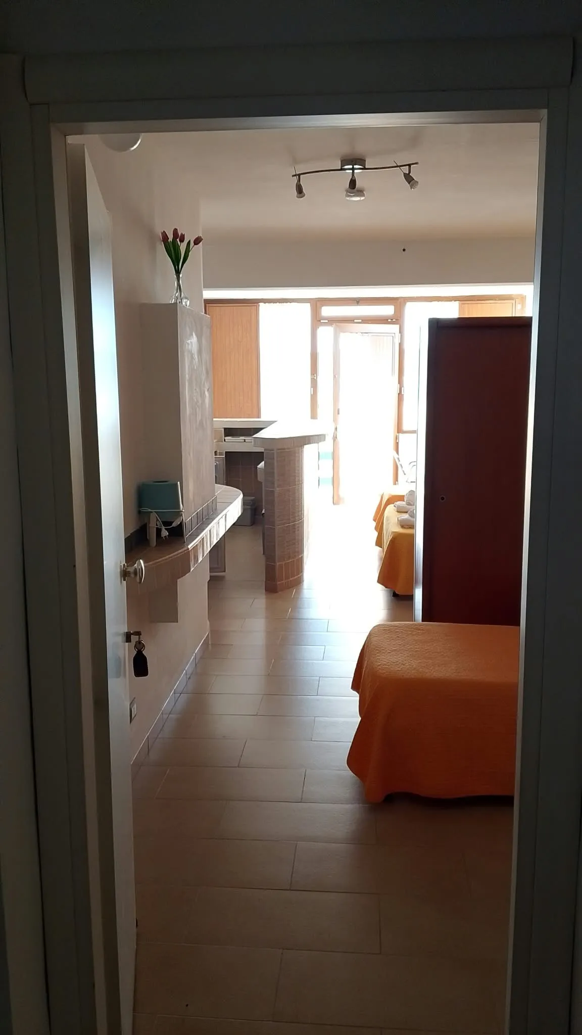 Appartamento 3a: l’ingresso, con la cucina e i letti in fondo
